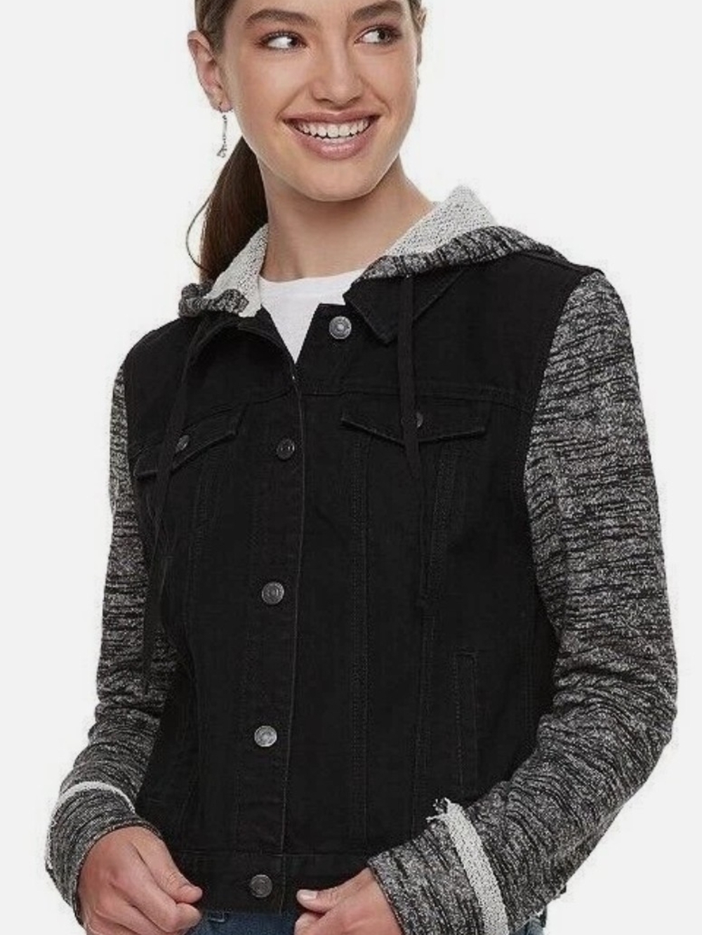 Mudd Black Denim Jacket with Gray Knit Hood & Sleeves